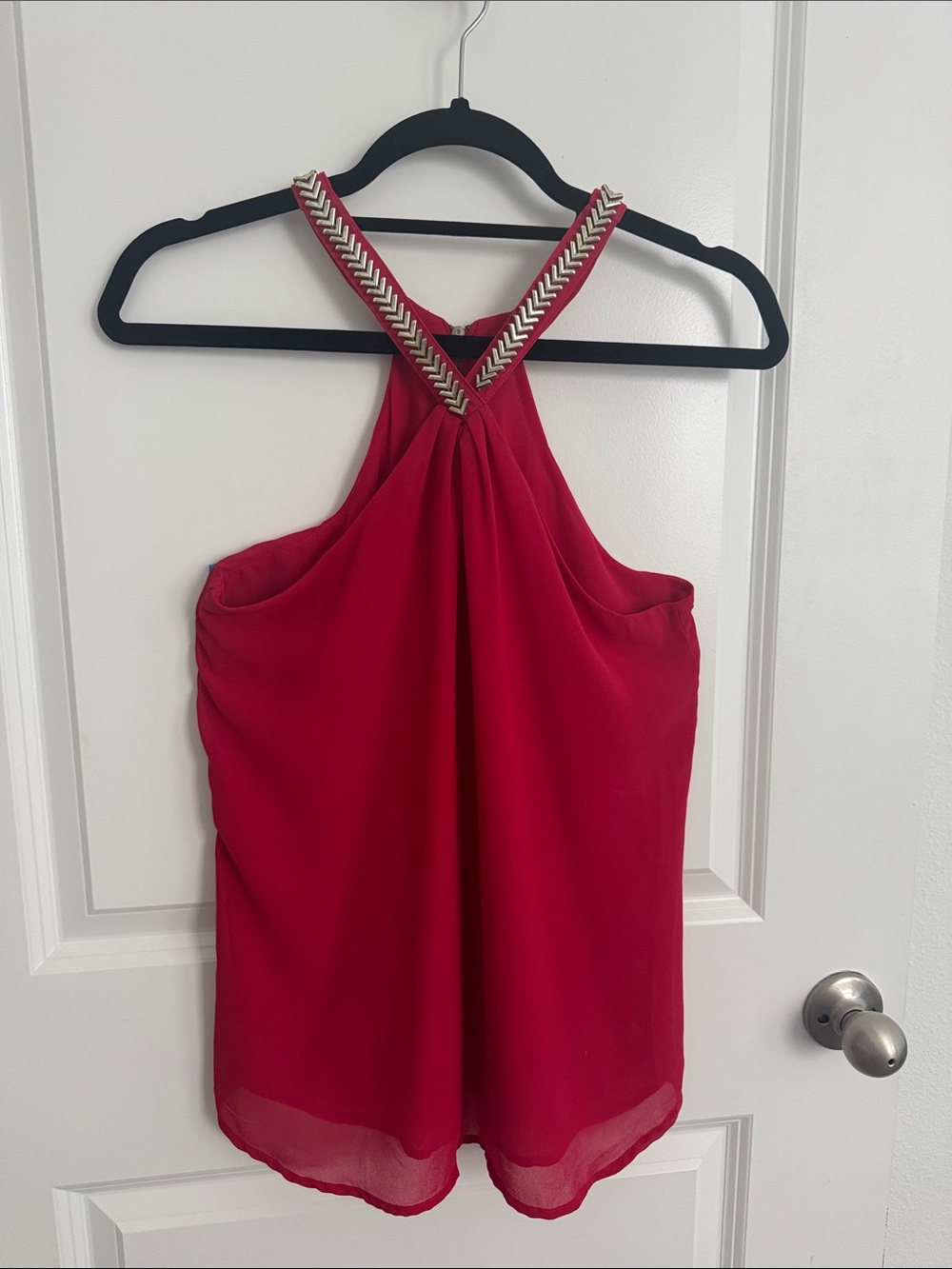 Red Beaded Strap Halter Top